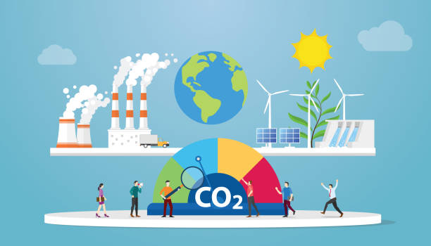 ilustrações, clipart, desenhos animados e ícones de conceito de equilíbrio co2 neutro carbono com estilo plano moderno - environmental footprint