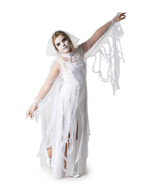 Girl in Halloween ghost costume Little girl in Halloween ghost costume dancing, studio isolated on white background scary bride stock pictures, royalty-free photos & images