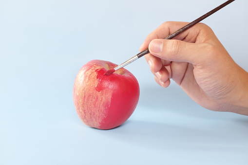 Fake food, coloring, fraud and fraudulent food concept. Hand painting an apple with artificial red colorant or paint.