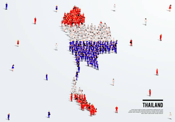mapa a vlajka thajska. velká skupina lidí ve formuláři barva vlajky thajska pro vytvoření mapy. vektorová ilustrace. - thailand map stock ilustrace