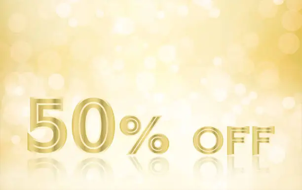 Vector illustration of A creative sparkling glittery golden beige gold coloured horizontal vector backgrounds with shining metallic light brown colored text 50 % Off with a reflection for half price sale related banners posters and advertisements