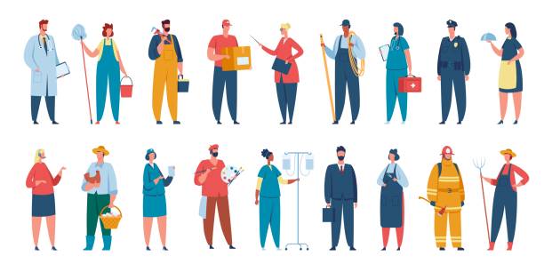 People of different professions, professional workers in uniform. Characters with various occupation doctor, artist, teacher vector set People of different professions, professional workers in uniform. Characters with various occupation doctor, artist, teacher vector set. Male and female employees with working equipment police and firemen stock illustrations