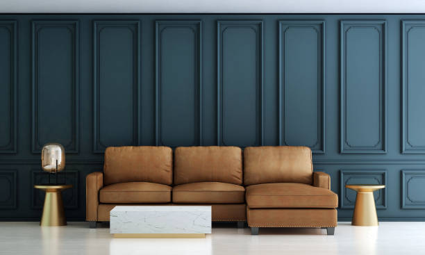 istock Modern home and decoration and living room interior design and empty blue wall pattern background. 1345778539