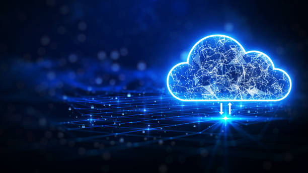 cloud computing. the data transfer and storage concept consists of a white polygonal interconnected structure within it. dark blue background with small padlocks scattered on the background. - cloud computing stockfoto's en -beelden