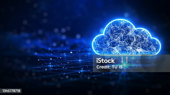 istock cloud computing. The data transfer and storage concept consists of a white polygonal interconnected structure within it. Dark blue background with small padlocks scattered on the background. 1345778718