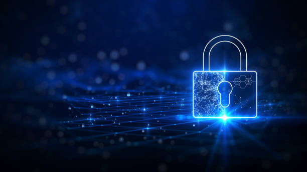 istock background concept of data protection and cybersecurity technology privacy. There is a key on the right hand side. against a dark blue background. 1345780513