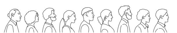 Set male and female face profiles avatars Set male and female face profiles avatars, side portrait and heads. Hand drawn vector illustration. Black and white. profile view illustrations stock illustrations