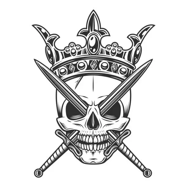 Vector illustration of Skull in crown king with crossed swords isolated vector illustration on white background. Vintage crowning, elegant queen or king crowns, royal imperial coronation symbols.