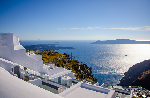 White architecture and stunning cliff view of the Aegean Sea on Santorini island, Greece