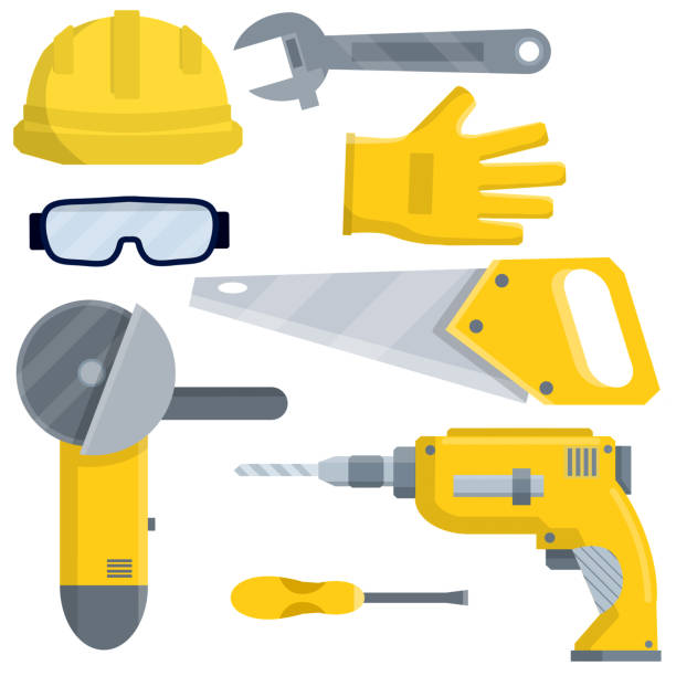 作業者とビルダーのツールを設定します。黄色のヘルメット、眼鏡、ドリル、ハンドソー、グラインダー、ハンマー、レンチ、ドライバー、手袋。修理キット。漫画フラットイラスト - hand drill hand tool screwdriver drill点のイラスト素材／クリップアート素材／マンガ素材／アイコン素材
