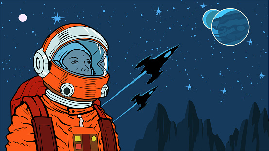 A retrp cartoon style vector illustration of an astronaut with outer space and planets in the background. Wide space available for your copy.