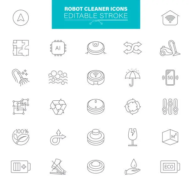 Vector illustration of Robot Vacuum Cleaner Icons Editable Stroke. Contains such Icons as Cleaning, Smartphone, Mobile apps, Mop Cleaner, Smart Home