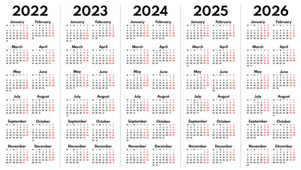 2022 2023 2024 2025 2026 full years english language calendar grids, vertical layout 2022 2023 2024 2025 2026 full years english language calendar grids, vertical layout 2026 stock illustrations