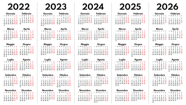 2022 2023 2024 2025 2026 full years italian language calendar grids, vertical layout - i̇talyanca illüstrasyonlar stock illustrations