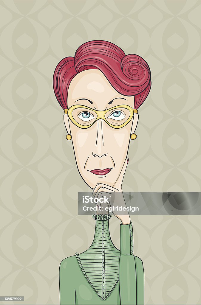 Retro lady thinking An illustration of a woman thinking and looking up. With retro red hair,  green high necked blouse and matching gold earrings and spectacles. Adult stock vector