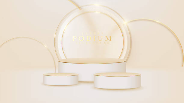 istock Product show podium with sparkle golden curved line elements, 3d realistic luxury style background. 1345791712