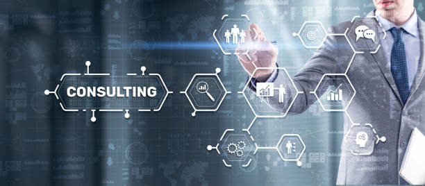 istock Consulting concept. Man pressing 3d icon consulting 1345791932