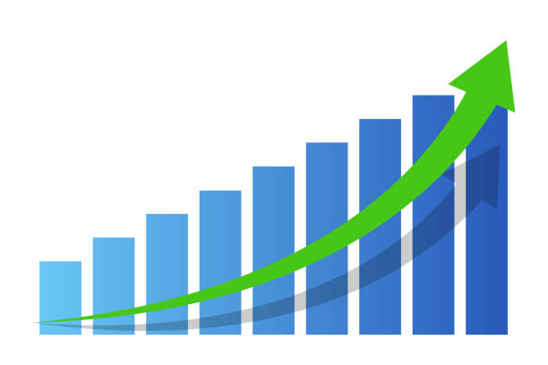 wachstum des balkendiagramms und pfeil nach oben - sales growth stock-grafiken, -clipart, -cartoons und -symbole