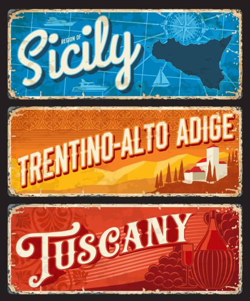 ilustrações de stock, clip art, desenhos animados e ícones de sicily, trentino-alto adige, tuscany italy regions - sicily map old cartography