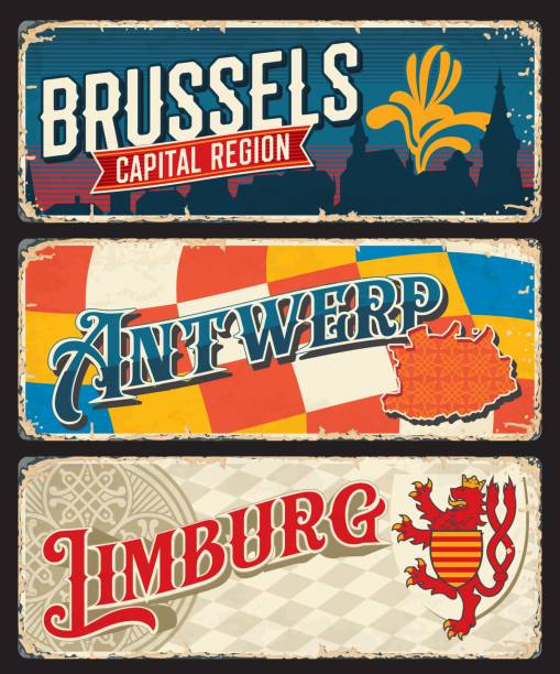 Brussels, Limburg and Antwerp Belgian regions vintage plates and travel stickers, vector. Belgium city tin signs and metal plates or luggage tags with Belgian heraldic elements and tourism sightseeing