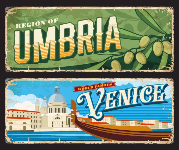 Venice and Umbria Italian regions vintage plates Venice and Umbria Italian provinces vintage plates and stickers, vector tin signs. Italy cities entry sings or car number plates with travel landmark symbols and tourism sightseeing venezia stock illustrations