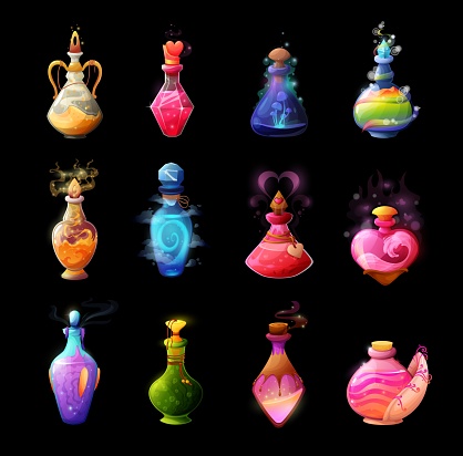 Cartoon potion bottles. Love elixir, magic spell or poison in glass bubble. Witch, sorcerer or wizard potion, fairy drink, flask with mysterious, glowing and boiling liquid, mushroom, heart and smoke