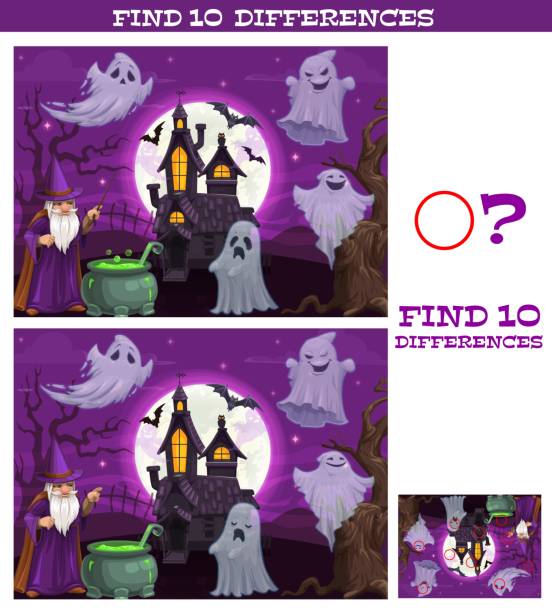 キッズゲームは10の違いハロウィーンのテーマを見つける - halloween castle cartoon backgrounds点のイラスト素材／クリップアート素材／マンガ素材／アイコン素材