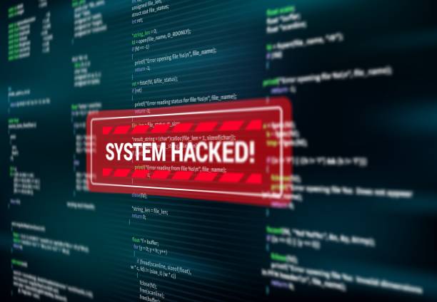 System hacked, warning alert message on screen System hacked, warning alert message on screen of hacking attack, vector. Spyware or malware virus detected warning red message window on computer display, internet cyber security and data fraud threats stock illustrations