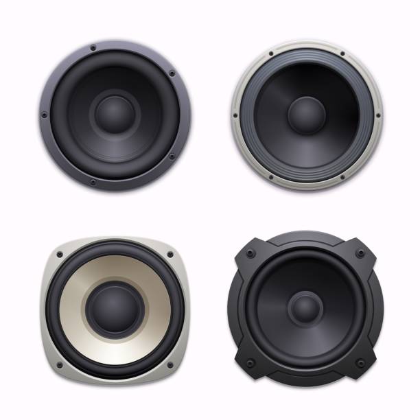 사운드 스피커, 스테레오 오디오 음악 시스템 아이콘 - audio equipment bass black circle stock illustrations