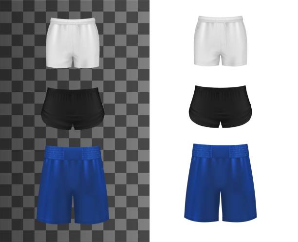 Athletic shorts, realistic clothes or sport pants Athletic shorts, realistic clothes or sport pants, vector mockup template. Sport shorts for soccer, basketball or football, men uniform or women sportswear apparel, black, blue and white tennis shorts shorts stock illustrations