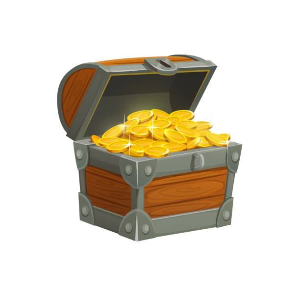 Cartoon pirate treasure chest with golden coins Cartoon pirate treasure chest with golden coins. Open wooden chest box decorated with forgery full of sparkling gold pieces isolated on white. Fantasy case game or mobile application ui element antiquities stock illustrations