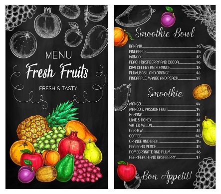 Smoothie cafe tropical fruits drinks chalkboard menu. Pineapple, grape and pomegranate, pear, apple and plum, avocado, kiwifruit and orange, peach and mango sketch vector. Drinks menu cover template