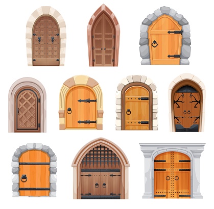 Metal and wooden medieval doors and gates. Castle entries cartoon vector design with stone arched doorjambs, forged decoration and ring knobs. Fairytale palace, fortress building exterior elements set