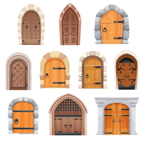 Metal and wooden medieval doors and gates set Metal and wooden medieval doors and gates. Castle entries cartoon vector design with stone arched doorjambs, forged decoration and ring knobs. Fairytale palace, fortress building exterior elements set medieval illustrations stock illustrations