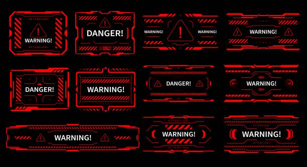 hud niebezpieczeństwo i uwaga ostrzegawcza czerwone znaki interfejsu - explosive stock illustrations