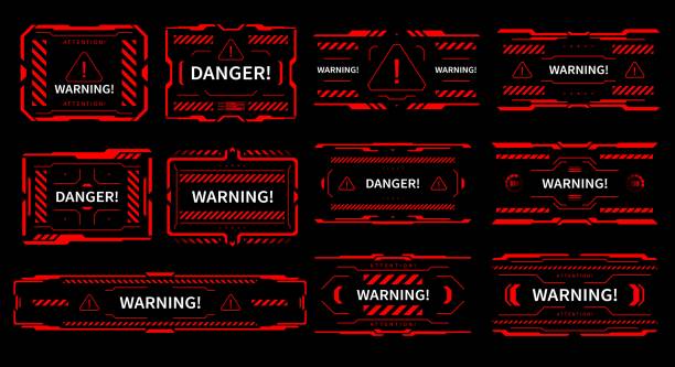 HUD danger and alert attention red interface signs HUD danger and alert attention vector red interface signs, warning and caution UI. HUD tech and digital cyber frames alert warning on screen, error attention or attack damage and system failure military borders stock illustrations