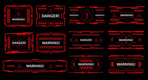 HUD danger and alert attention red interface signs HUD danger and alert attention vector red interface signs, warning and caution UI. HUD tech and digital cyber frames alert warning on screen, error attention or attack damage and system failure explosive stock illustrations