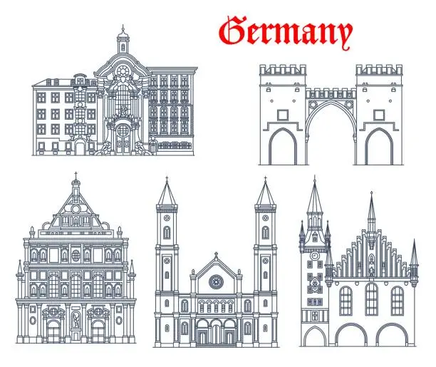 Vector illustration of Germany architecture churches, Munich cathedrals