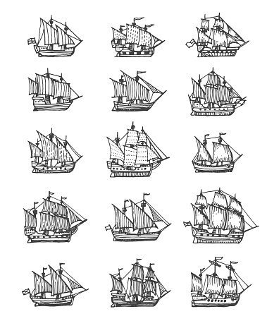 Sail ship, sailboat and brigantine vintage sketch. Vector pirate boat, nautical frigate with flags and wooden deck. Vintage sea vessels, engraved galleons design elements isolated on white background