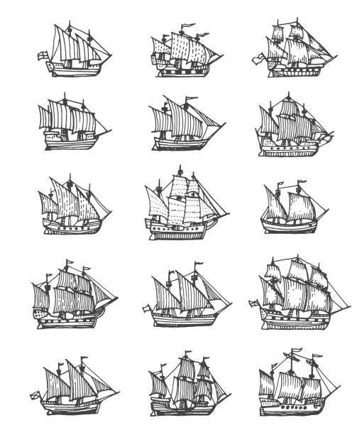 Sail ship, sailboat and brigantine vintage sketch Sail ship, sailboat and brigantine vintage sketch. Vector pirate boat, nautical frigate with flags and wooden deck. Vintage sea vessels, engraved galleons design elements isolated on white background ship stock illustrations