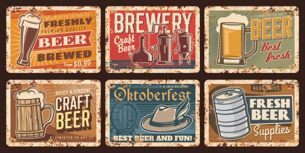 illustrations, cliparts, dessins animés et icônes de bière artisanale et assiettes vintage de brasserie, enseignes en étain - rusty symbol wood backgrounds