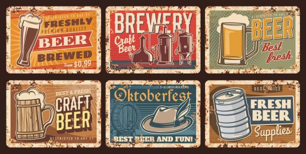 Craft beer and brewery vintage plates, tin signs Craft beer and brewery vintage plates, vector retro tin signs. Beer Fest craft beer fest celebration. German hat, tankard and barrel. Alcohol drinks beerhouse tavern or pub vintage rusty cards set pub stock illustrations