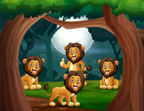 ilustrações de stock, clip art, desenhos animados e ícones de group of lions in the jungle at night illustration - rainforest tropical rainforest forest moonlight