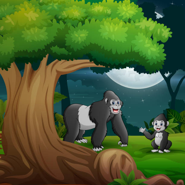 ilustrações de stock, clip art, desenhos animados e ícones de night forest with a mother gorilla and her cub under the tree - rainforest tropical rainforest forest moonlight