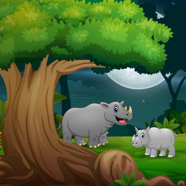 ilustrações de stock, clip art, desenhos animados e ícones de night forest with a mother rhino and her cub under the tree - rainforest tropical rainforest forest moonlight
