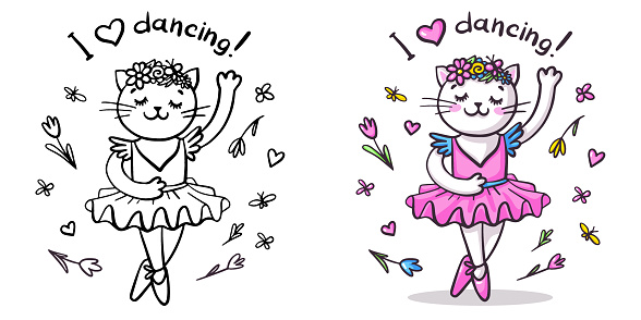 Cat princess is dancing on pointe. Set with black and white vector sketch with calligraphy phrase and colorful illustration. Cute coloring page, print, sticker, card.