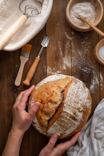 istock Female hands with sourdough bread on rustic wooden background. Top view, copy space. 1345800351