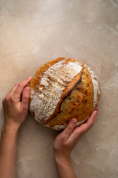 istock Female hands with sourdough bread on rustic background. Top view, copy space. 1345800355
