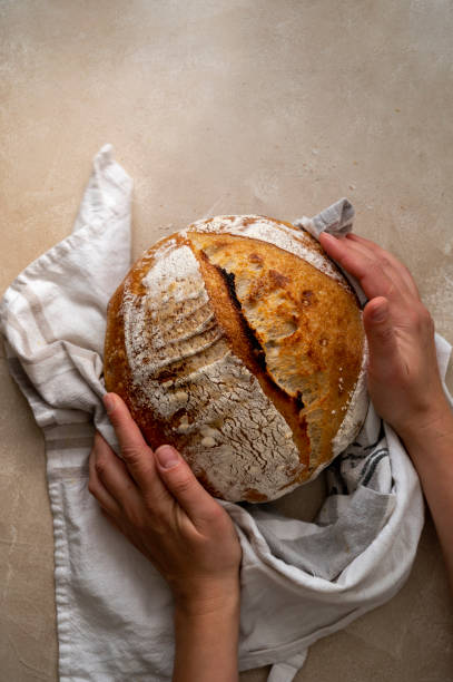 istock Female hands with sourdough bread on rustic background. Top view, copy space. 1345800384
