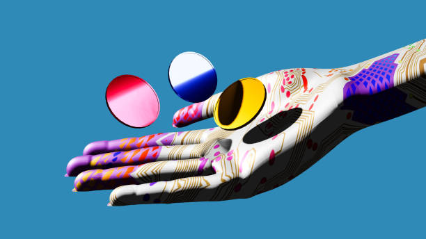Gold, blue, and red coins and robot hands